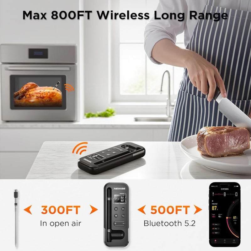 Newise Bluetooth Meat Thermometer with Smart APP, 800FT Wireless Range & LCD Base, Rechargeable Probe, Digital Food Thermometer for BBQ, Grill, Chefs, Air Fryer, Gifts for Men Dad - Image 2
